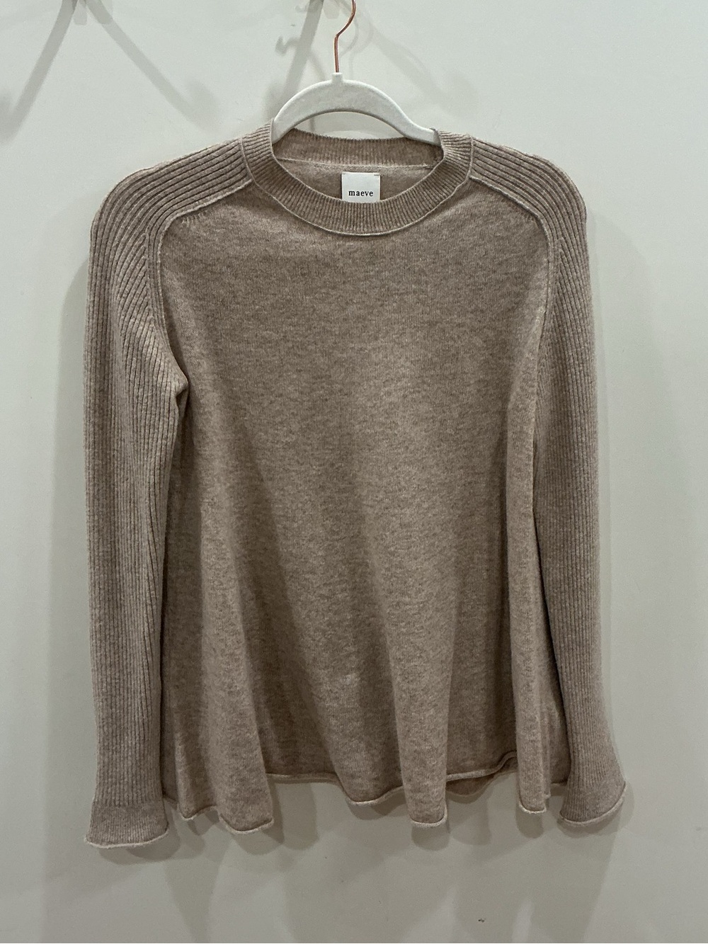 Maeve Taupe Ribbed-Sleeve Crewneck Sweater